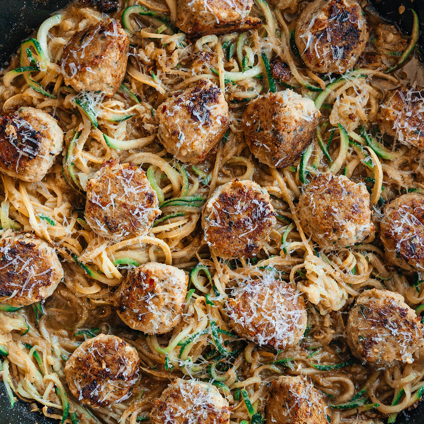 Keto Chicken Meatballs with Browned Butter Zoodles & Manchego