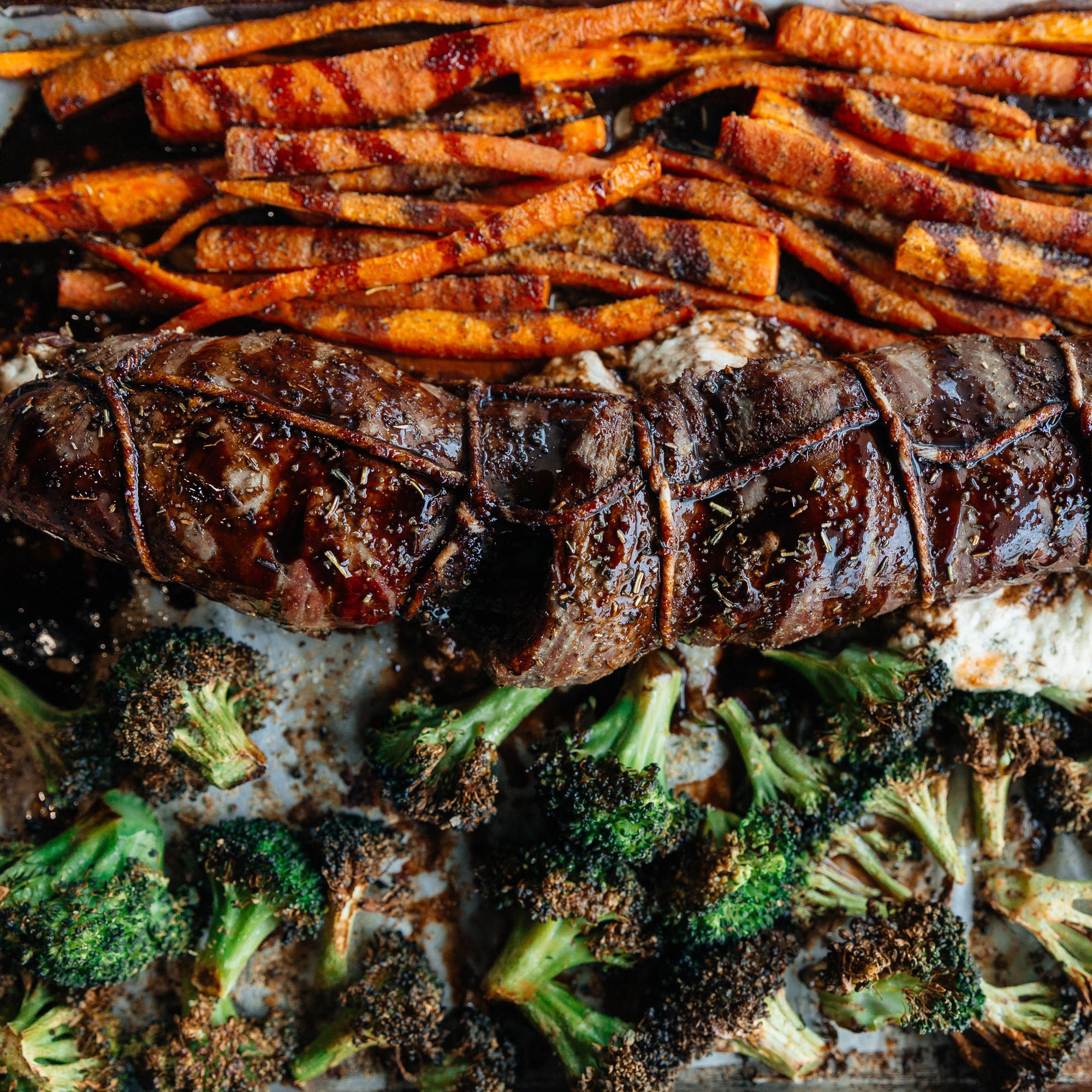 Sheet Pan Supper: Espresso Balsamic Flank Steak Roll-Up with Goat Cheese and Roasted Veggies