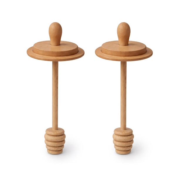 Two natural wood baby teething rings with looped handles and flared bases, shown side by side on a white background.