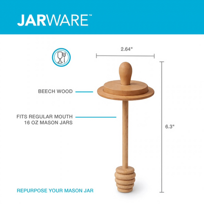 A wooden repurposed mason jar topper with a round base, small knob top, and threaded bottom for a 16 oz mason jar. The image includes dimension labels showing 2.